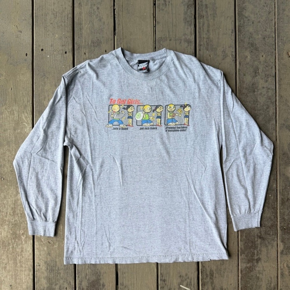 Top Heavy Mens Long Sleeve Graphic Tee Gray Comic Humor Shirt XL